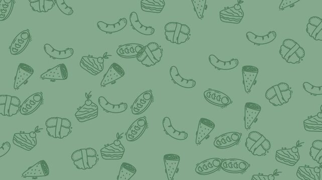 Abstract Green Background with Hand-Drawn Food Icons.