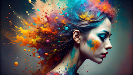A captivating portrait of a woman adorned with vibrant colors and artistry