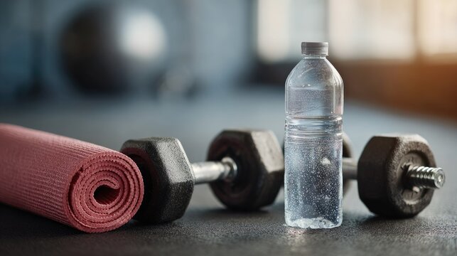 Fitness Equipment and Hydration: Dumbbells, Yoga Mat, and Water Bottle in Gym Setting