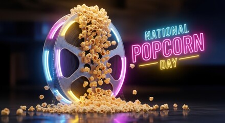 National popcorn day celebration with a film reel overflowing with popcorn and neon lights