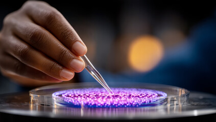 Fototapeta premium Applying liquid on glowing surface. A hand carefully adds liquid to a brightly lit, circular surface, creating an intricate design that glows.