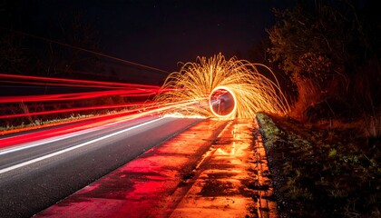 Night Road with Light Trails and Fire Spinners.
