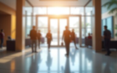 blurred image of Bright office or hotel lobby luxury with contemporary space and large glass windows. and blurred people. High quality