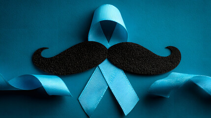 A simple modern design featuring a black mustache paper cutout and a light blue ribbon on a vibrant blue background to symbolize men's health, prostate cancer and World Diabetes Day awareness