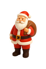 Obraz premium A cute Santa Claus figure in a red suit holding a gift sack, isolated on transparent background