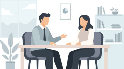 Two people sit at a desk, a man gesturing while talking to a woman in an office setting, with a plant and bookcase in the background.