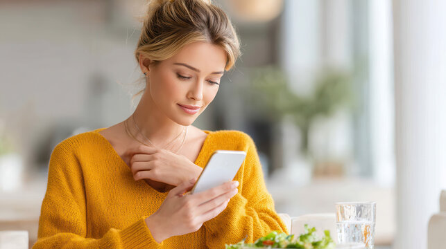 Young woman in a cozy yellow sweater engaged with her smartphone while enjoying a healthy meal at a bright café