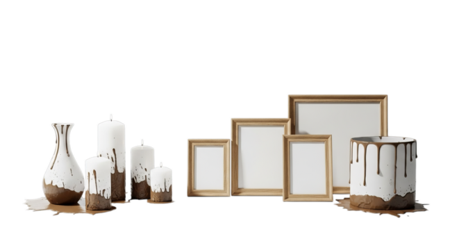 Modern white objects with brown paint drips, including a vase, candles, frames, and a planter on a clean white surface