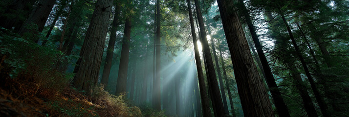 Soft rays of sunlight break through a dense forest canopy, casting ethereal light on the verdant undergrowth and creating a magical atmosphere in this serene woodland setting.