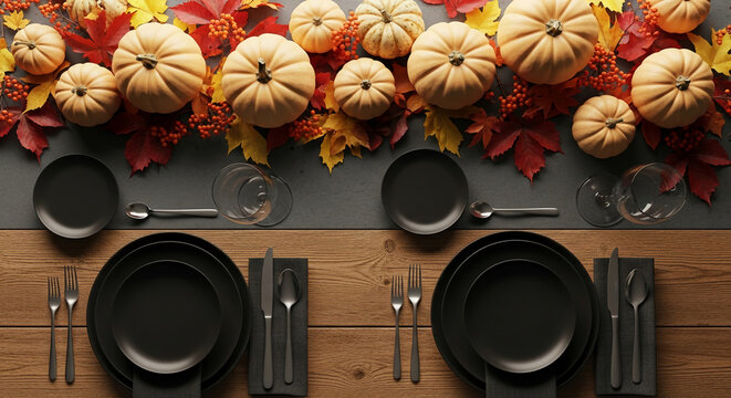 Top view of table setting with pumpkins and autumnal leaves, representing Thanksgiving, fall season, a festive meal or harvest celebration