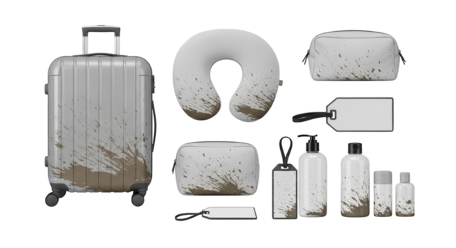 Mud-splattered travel essentials: suitcase, neck pillow, toiletry bags, and bottles, ready for adventure - Powered by Adobe