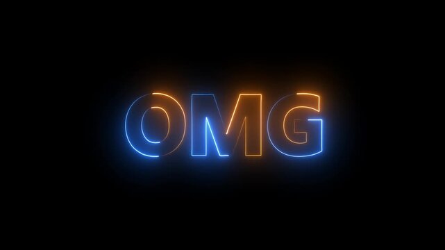 Neon text word OMG neon appears and disappears on a black background. holiday, feast, festival, celebration and Party Visuals.