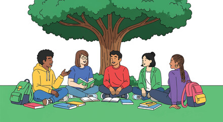 Diverse group of young people learning and discussing under a tree