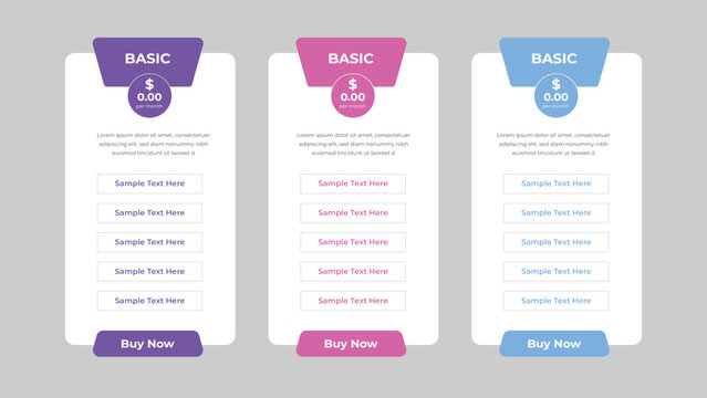 Comparison of Three Basic Pricing Plans Featuring Sample Text, Buy Now Buttons, and Zero Cost