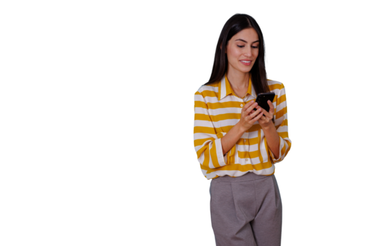 Young businesswoman using cell phone, texting and smiling, communicating with clients, transparent background