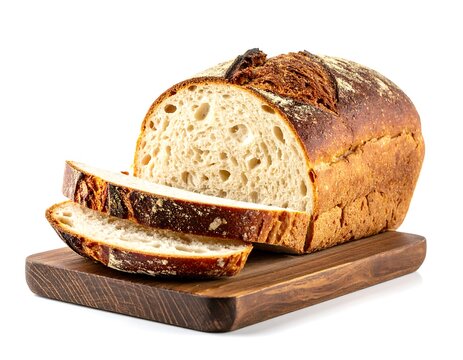 Crusty loaf of artisanal bread, sliced, on a wooden cutting board, isolated on white background - Powered by Adobe