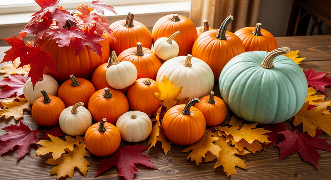 Pile of orange, white, and blue pumpkins with autumnal foliage on a wooden table, symbolizing autumn, harvest, and Thanksgiving season event