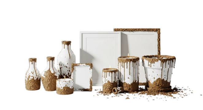 Artistic white ceramics and candles with messy brown texture on vases, frames, and pot, clean background