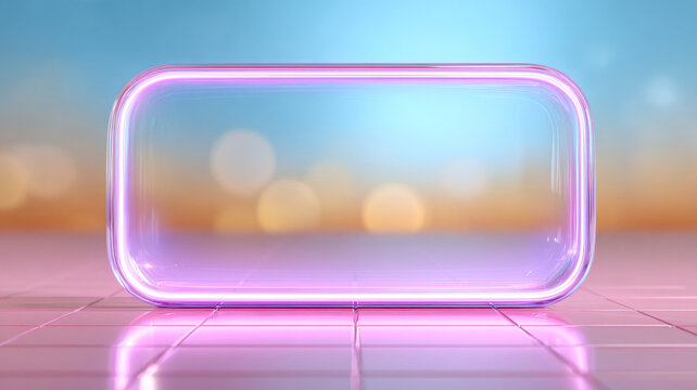 Softly glowing rectangle. A glowing rectangular frame with soft purple light sits on a reflective surface against a colorful background at sunset.