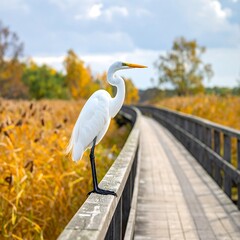 White Egret on Wooden Boardwalk Through Golden Marsh.