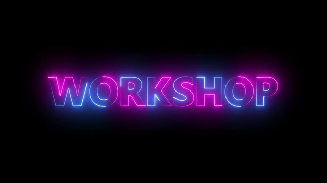 Glowing neon Workshop text icon animation font letter word banner sign clip art poster template signboard .