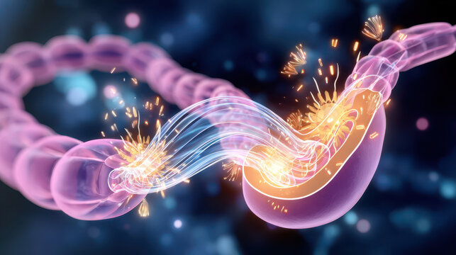Abstract representation of cellular division showing interconnected structures in vibrant colors with spark effects, depicting scientific phenomena