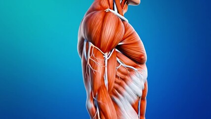 Illustration showing human anatomy of the upper body muscles on a blue gradient background