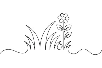 Continuous one line drawing of grass and flower minimalist vector art
