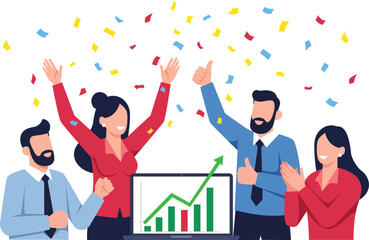 Group of diverse business people celebrating success with confetti and a rising graph on a laptop screen, expressing teamwork and achievement.