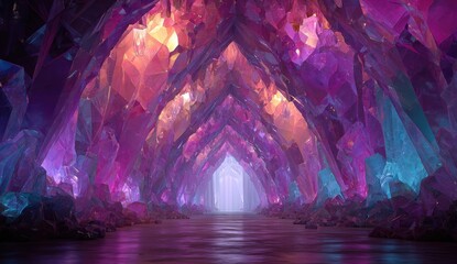 Vivid Cave Interior with Colorful Crystals and Reflective Water