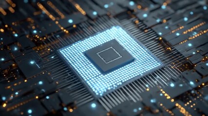 Close up of a digital processor with glowing circuits and data - Powered by Adobe