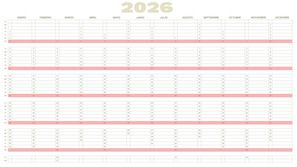 Year Annual Calendar Grid in Spanish