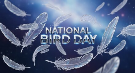 National bird day text with feathers floating in a starry, blue, ethereal background