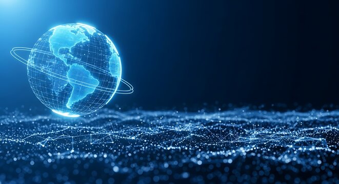 Luminous digital globe reveals continents with orbiting lines above shimmering blue interconnected network