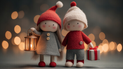 Knitted girl and boy dressed in christmassy clothes and holding lantern and present