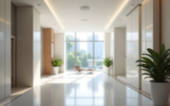 Cool Blurred hotel or office building lobby blur background interior view toward reception hall modern luxury white room space with blurry corridor and building glass wall window : Generative AI