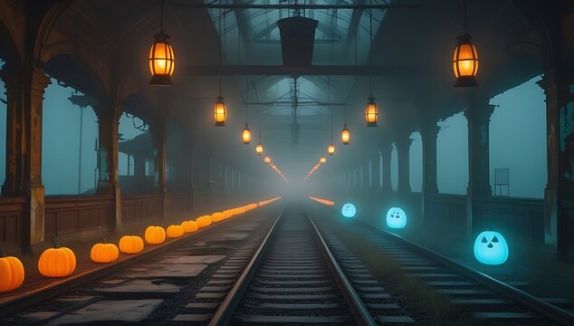 Spooky Halloween Train Station with Pumpkins and Ghosts on the Railroad Tracks under Atmospheric Lighting and Fog