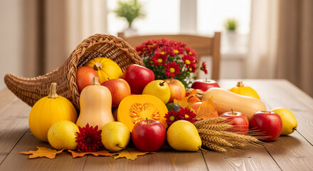 Still life of colorful fruit and vegetable with wicker cornucopia, abundant and festive arrangement, symbolizes autumnal harvest, Thanksgiving celebration