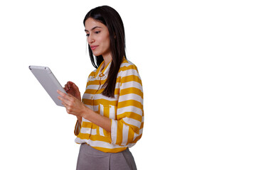 Woman using digital tablet, browsing data, working with portable device, transparent background