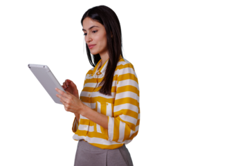 Woman using digital tablet, browsing data, working with portable device, transparent background