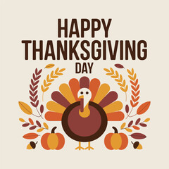 Happy Thanksgiving Day Turkey and Fall Leaves Design