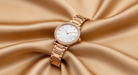 Elegant wristwatch with gold bracelet on draped silk cloth detail