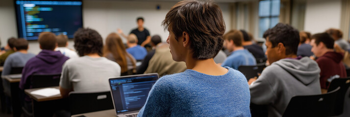 A focused classroom scene where students are engaged in a coding lecture, with one student intently working on a laptop, embodying the pursuit of knowledge and skill in technology.
