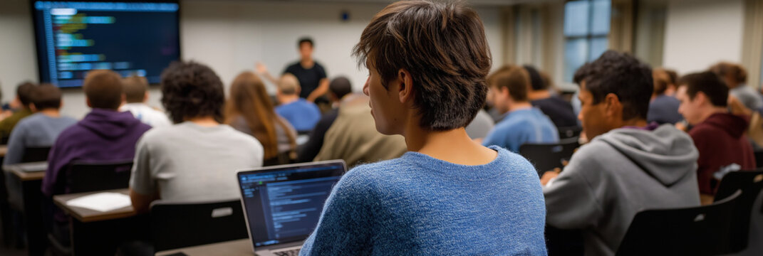A focused classroom scene where students are engaged in a coding lecture, with one student intently working on a laptop, embodying the pursuit of knowledge and skill in technology.