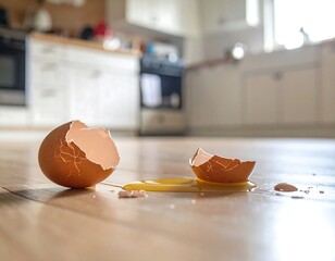A close-up shot of a broken eggshell with spilled yolk on a wooden floor in a kitchen setting with blurred background