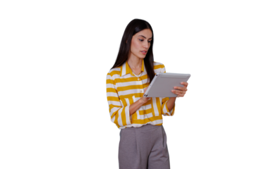 Woman working on tablet, using digital technology for business or online communication, focused and professional