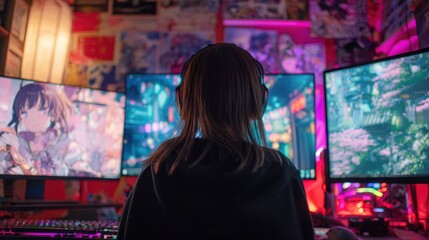 Fototapeta premium Young Woman Gaming with Multiple Monitors in Neon-lit Room