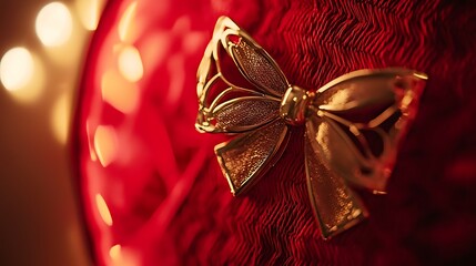 Close macro shot showing detailed red fabric weave with golden decorative bow softly illuminated
