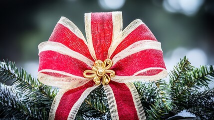 Close macro shot showing detailed red fabric weave with golden decorative bow softly illuminated