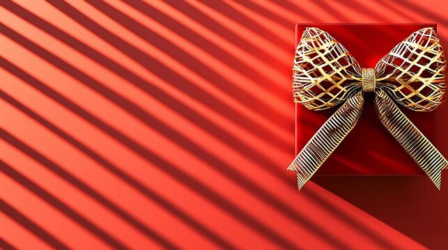 Warm red textile background with intricate golden bow and delicate shadows emphasizing luxury tone